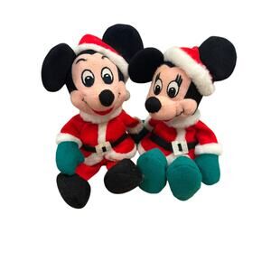 Vintage Disney Christmas Mickey & Minnie Mr & Mrs Santa Claus Plush Beanie Dolls